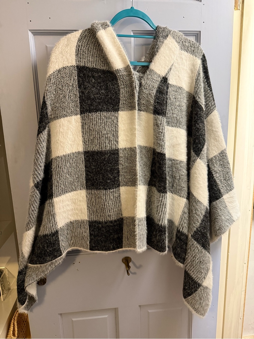 Bella Dahl Hooded Plaid Poncho Sweater in Black and Cream